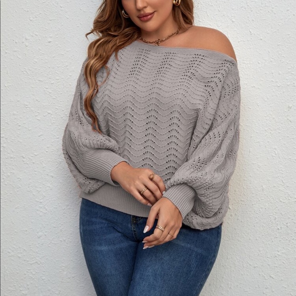 Plus Off Shoulder Asymmetrical Neck Batwing Cuff Sleeve Sweater Top - Picture 6 of 13